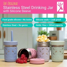 Elk and Friends 10oz Stainless Steel Kids + Toddler Drinking Cups | The Original Mason Jar with Sleeves + Lids | Silicone Straws | Smoothies | Storage Jar | Spill Resistant | Dishwasher Safe | 2 Pack