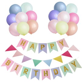 Macaron Balloons Birthday Decoration Set, Macaron Colour Birthday Decoration Happy Birthday Decoration Banner Party Decoration Birthday Set with 16 Pieces Balloons Triangle Flags Garlands (Macaroon +