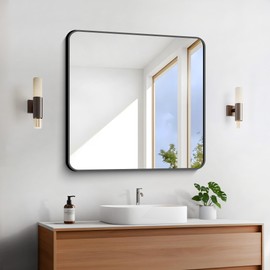 FORBATH Bathroom Mirror 30" x 30", Large Square Wall Mirror with Black Aluminum Frame Rounded Corner, Wall Mounted Mirror for Bathroom Bedroom Entryway Living Room