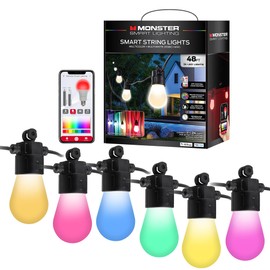 Monster 48 Foot Outdoor Smart RGB+IC+WW String Lights, 24 Bulb Individually Controlled Dimmable LEDs, Sound Reactive, Water & Weather Resistant, Compatible with Alexa, Siri, Google Home, App