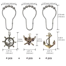 Aimoye Nautical Shower Curtain Hooks Rings - Pirate Skull, Anchor, Rudder Decorative Bathroom Accessories Set, Silver Metal Window Curtain Hangers, Tropical Ocean, Beach, Sea Theme Bathroom Decor