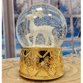 Snow globe deer white on base copper gold snowflakes with music box Glamour-Line height 14 cm width 10 cm shaking ball 20051