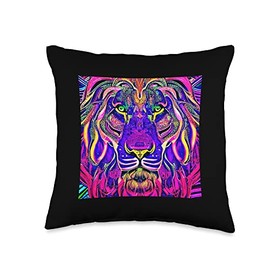 Lion Line Art Cats Men - Women Boy Girl Kids Gift Illustration Artistic Colorful Mane Lion Lover Throw Pillow, 16x16, Multicolor