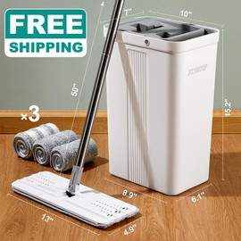 JOYMOOP 50“ Mop and Bucket with 3 Reusable Microfiber Pads Hands Free Flat Squeeze Mop with Wringer Set with Long Handle，White - mop bucket set: 50" mop with 3 pads