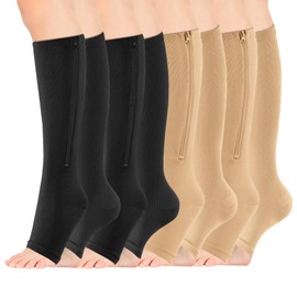 Zipper Compression Socks Women & Men, Toeless Compression Socks, 15-20mmhg Knee High, Anti-Pinch Zipper for Varicose Veins, Elderly, Pregnancy, Nurses, Travel(4 Pairs) (Small-Medium)