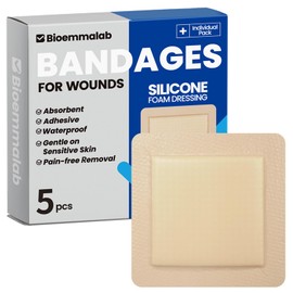 Large Waterproof Bandages 6x6 Silicone Foam Dressing for Sensitive Skin Wound Care, Adhesive Cohesive Pad with Border for First Aid, Post Surgical and Burn, Pressure, Scar Healing (5 Packs)