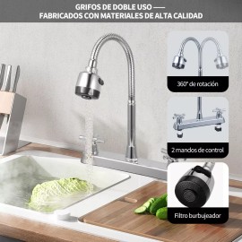 Kirotla Grifo Mezclador Doble Comando Flexible Para Cocina Fregadero