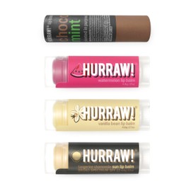 Hurraw! Lip Balms: Staff Favorites, 4 Balm Bundle Pack – Chocolate Mint, Watermelon, Vanilla Bean and Sun (SPF 15): Organic, Certified Vegan. 100% Natural Ingredients. Bee, Shea, Soy and Palm Free.