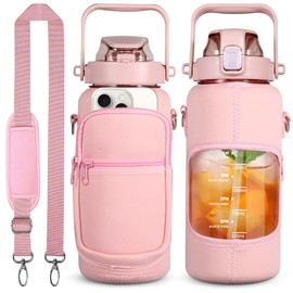 Dolenor Water Bottle with Sleeve 64oz for Sports,Gym,Outdoor and Travel, Motivational Water Bottle with Time Marker,Pink