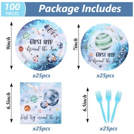 Whaline 100Pcs First Trip Around The Sun Tableware Set, Outer Space Themed Dinnerware Set, Suitable for Birthday, Baby Shower, Party, Disposable Table Decor