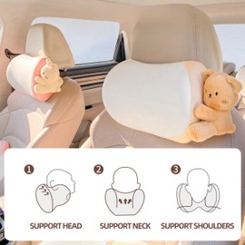 UINSUE Car Headrest Pillow 2PCS Plush Bear ＆ Bunny Car Seat Headrest Pillow - Memory Foam Neck Support Cushions for Comfortable Driving, Easy Install & Washable (Brown)