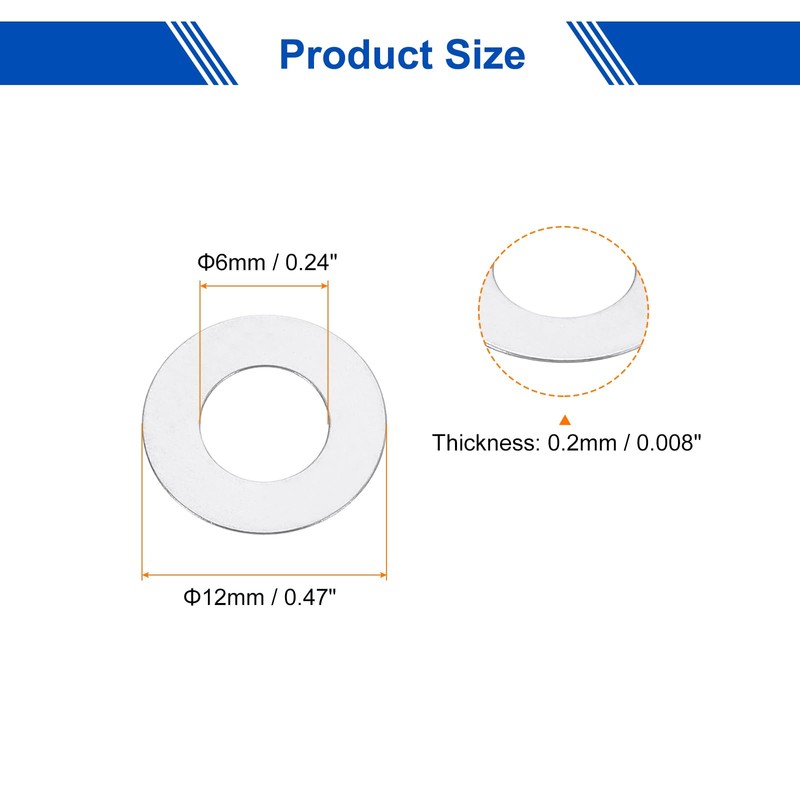 sourcing map M6 304 Stainless Steel Flat Washers, 20pcs 6x12x0.2mm