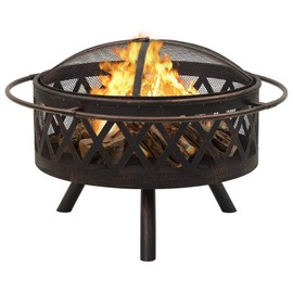 vidaXL 29.9" XXL Rustic Fire Pit with Poker – Steel Outdoor Patio Fire Pit, Large Deep Bowl, Safety Mesh Cover, and Heat-Efficient Design