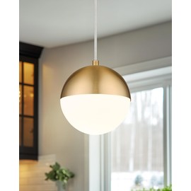 LMS Mid Century Pendant Lights, Brushed Gold Kitchen Island Light Fixtures with White Globe Glass Shade, Adjustable Hanging Cord, 3-Pack for Home Office Dining Room Bathroom, LMS-186PL-BGWS3PK