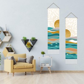 AHANDMAKER Pack of 2 Ocean Sunrise Tapestries Ocean Waves Tapestry Long Boho Tapestry Art Sunrise on The Sea Tassel Tapestry Wall Hanging for Room, 13 x 51 Inch