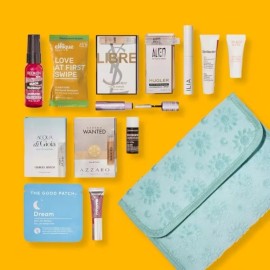 ULTA 14 PC DELUXE SAMPLE SET Perfume Makeup Skincare Aqua Travel Chenille Bag