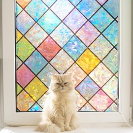 Linarun Stained Glass Window Film Rainbow Window Privacy Film 3D Decorative Static Cling Door Glass Decals Non Adhesive Removable for Home Office