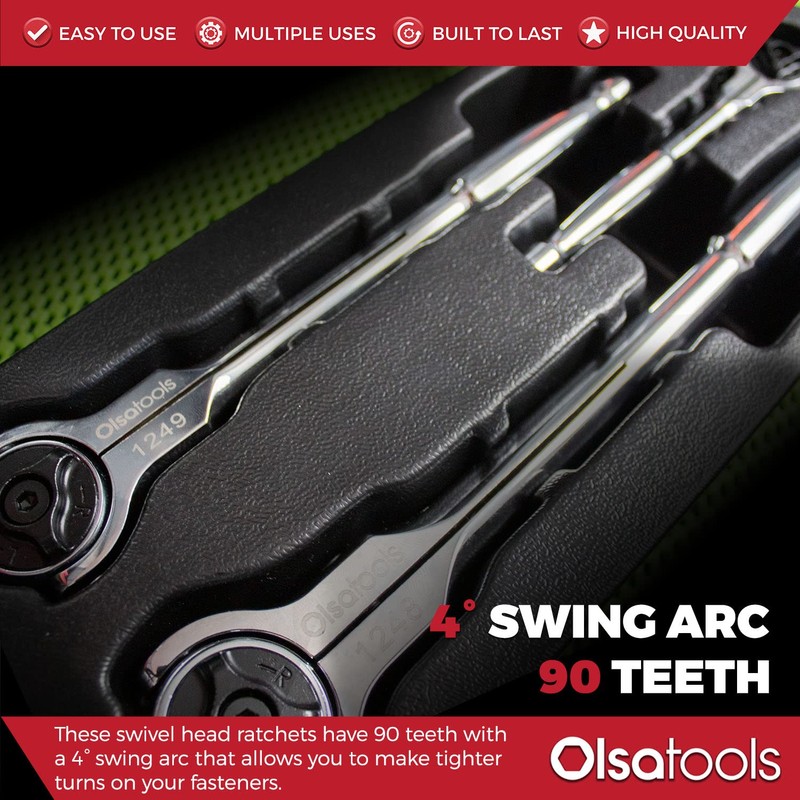 Olsa Tools 90T Swivel Head Ratchet Wrench Set, 3-Piece, Chrome