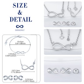 INFINIONLY Diamond Jewellery Sets, Women's Girls Necklace Pendant Bracelet Earring, 925 Silver Necklace Bracelet Earring, Stylish Infinity Symbol Jewellery Sets, Inlaid Zircon, Silver, Silver, Cubic