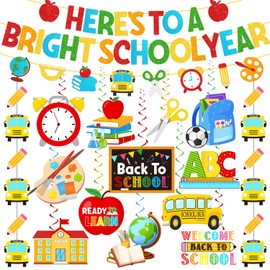 17Pcs Back to School Decorations, Glitter Here's to A Bright School Year Banner, Hanging Swirls and Hanging Garland for First Day of School Classroom Party Supplies