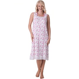 Camille Lightweight 100% Cotton Sleeveless Ladies Nightdress – Floral Summer Nighties for Women - Lace Accents, Square Neck & Button Fastening – Cool & Breathable Womens Nightwear Pink 14-16