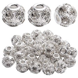Rhinestone Spacer Beads, 30pcs 10mm Silver Rhinestone Pave Crystal Brass Beads European Rondelle Beads Round Spacer Beads for Bracelet Nacklace Jewelry Making Wedding Party Decoration