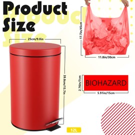 Geiserailie 1 Set 3.17 Gallon Stainless Steel Biohazard Trash Can with 50 Hazardous Bag, Foot-operated Self-closing Lid & Biohazard Label for Lab Medical Hospitals Industrial Infectious Waste Disposal