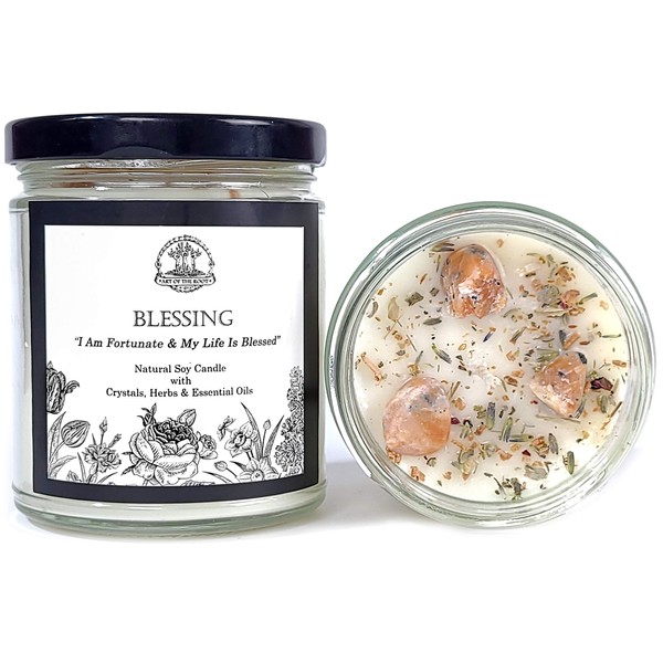 Blessing Affirmation Candle | 9 oz Natural Soy with Sunstone Crystals, Herbs & Essential Oils | Prosperity, Peace, Good Fortune Rituals | Wiccan, Pagan Magick Spirituality