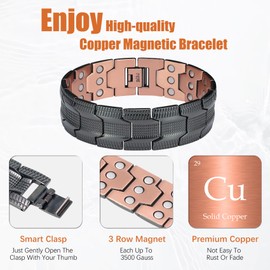 Jeracol 99.99% Solid Copper Magnetic Bracelet for Men, 3 x Ultra Strong Magnets (3500 Gauss), Magnetic Bracelet, Brazaletes for Anniversary, Adjustable Size and Jewelry Gift Box (Black)