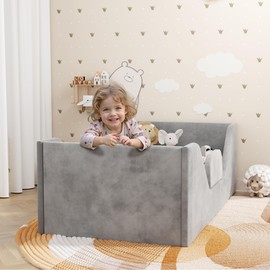 SOFTLYNICE Toddler Bed, Toddler Floor Bed Frame with Guard Rails, Small Bed for Kids Boys and Girls Aged 2-6 Years, Certified Fabric Toddler Beds(Big Gray)
