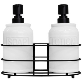 Blue Donuts 17 oz Hand Lotion and Soap Dispenser Set – Ceramic Pump Bottle Dispenser with Caddy, Kitchen Soap Dispenser, Bathroom Soap Dispenser, White