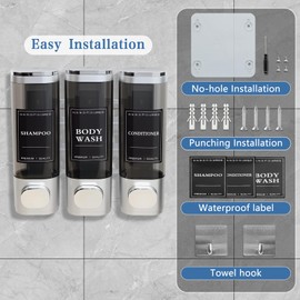 Shampoo and Conditioner Dispenser -Wall-Mounted Refillable 3-Chamber Shower Soap Dispenser,No-Drill, for Bathroom, Kitchen, Hotel,3 x 300ML (Silver)