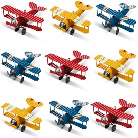 Therwen 9 Pcs Metal Airplane Decorations Vintage Airplane Ornament Hanging Iron Biplane Models Retro Plane Aircraft for Christmas Birthday Home Decor Room Desktop Ornament Photo Props, Red Blue Yellow