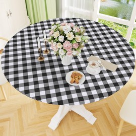 Smiry - Mantel redondo de pícnic, elástico, impermeable, de vinilo ajustable, para mesas de 25 a 30 pulgadas, funda de mesa con cuadros búfalo y respaldo de franela para comedor, camping, al aire