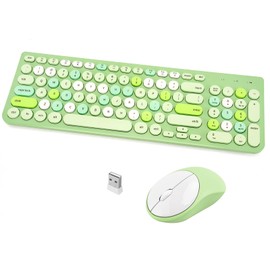 Wireless Keyboard and Mouse Combo, Retro Typewriter Wireless Keyboard with Round Keycaps, 2.4GHz Full-Size USB Cute Wireless Keyboard Mouse for Computer, Desktop, Laptop (Green Colorful)