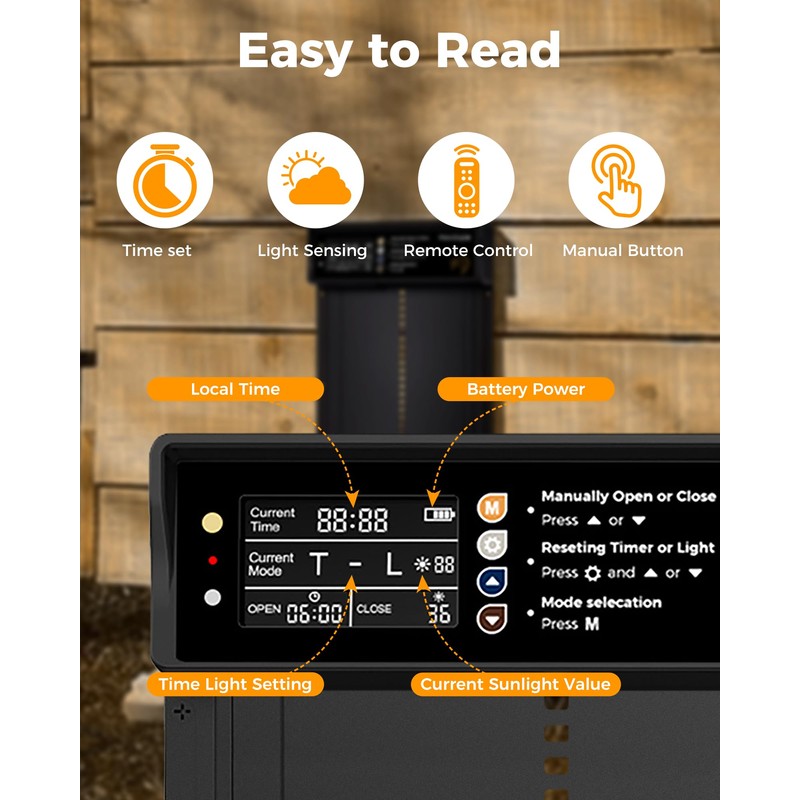 Mars Explo Solar Powered Automatic Chicken Coop Door, LCD Display,