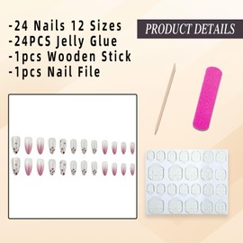 Jremg Gradient Pink Press on Nails Medium Almond Fake Nails cute Small Flower False Nails Glossy Gold Foil Pink French Full Cover Stick on Nails Reusable Glue on Nails for Women Girls Manicure 24Pcs