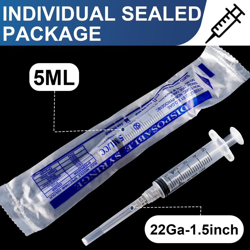 TENKAIWICK 30 Pack 5ml Syringes with Needle-22Ga 1.5Inch，Individually Sealed Packaging,