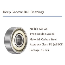 Kozelo 15pcs 626-ZZ Deep Groove Ball Bearings - [6mm Bore x 19mm OD x 6mm Thickness] Double Metal Shielded P6 Bearings for Industrial Equipment, Carbon Steel, Z1