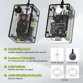 hygger Aquarium Air Pump Silent 3.5W Ultra-Quiet Fish Tank See Through Oxygenating Pump with 2 Air Outlets, Adjustable Airflow Aeration Energy Saving Pump