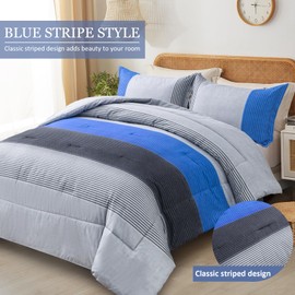 WONGS BEDDING Blue Stripe Comforter Set Full Reversible Grey Blue Patchwork Bedding Comforter Set for Full Bed, 3 Pieces (1 Comforter+2 Pillowcase), Soft Microfiber Filling Duvet Set 78"×90"