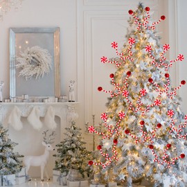 Tigeen 24 Pieces Candy Cane Picks for Christmas Tree 3 in 1 Candy Christmas Picks Bell Candy Cane Picks Xmas Tree Toppers for Xmas Party Vase Fillers DIY Wreath Crafts Decor(Red, White)