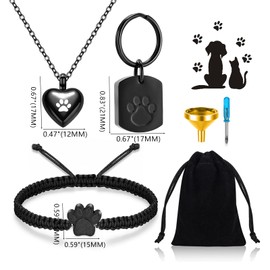 RIPFEVURN 3 Pcs Pet Cremation Jewelry Urn Necklaces Bracelet Keychain for Ashes for Women Men Cat Dog Paw Print Ashes Keepsake Memorial Jewelry(Black)