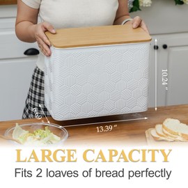 HOME PALETTE Extra Large Bread Box for Kitchen Countertop Corner Breadbox for Homemade Bread Metal White Hexagon Stripe Pattern Embossed Storage Container Bin with Bamboo Lid Fits 2 Loaves of Bread
