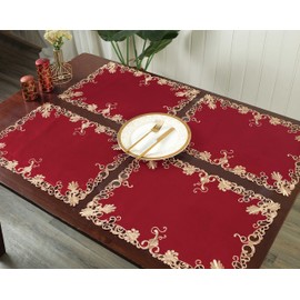 Decozen Placemats Set of 8 - Washable Farmhouse Linen Placemats, Wipeable Heat Resistant Placemats for Valentines Day, Dining Table, Wedding, 12x18 Inch Gold Burgundy, The Chantelle Collection