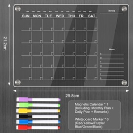 ZTOWOTO 1 Magnetic Fridge Calendar 30x21cm，Acrylic Clear Fridge Calendar Magnetic，Reusable Weekly/Monthly Planner For Family，Office,To Do List Meal Plan Board| Includes 6 Markers