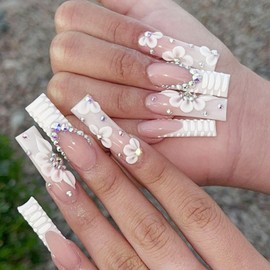 Long Square Press on Nails White French Tip Pink Glue on Nails Rhinestones Acrylic Fake Nails with Flower Design Glue on Full Cover Artificial Gel False Stick on Nail for Girls Women Party 24Pcs
