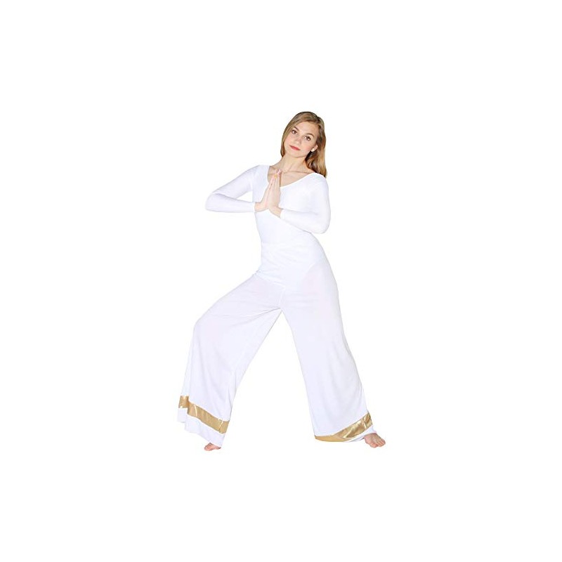 Danzcue - Pantalón Palazzo para mujer, blanco-dorado, 2X-3X