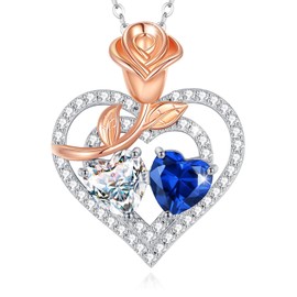 AGVANA April September Birthstone Jewelry CZ Sapphire Necklace Sterling Silver Rose Flower Heart Double Birthstone Pendant Necklace Anniversary Birthday Gifts for Women Mom Wife Lady Her