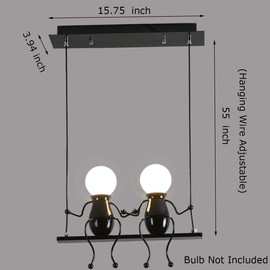 Creative LED Pendant Lighting Modern Double Little People Ceiling Pendant Light Fixture Adjustable Hanging Lights for Bedroom Iron Cartoon Doll Chandeliers Dining Rooms 2×E26 Baking Paint (Black, Two)